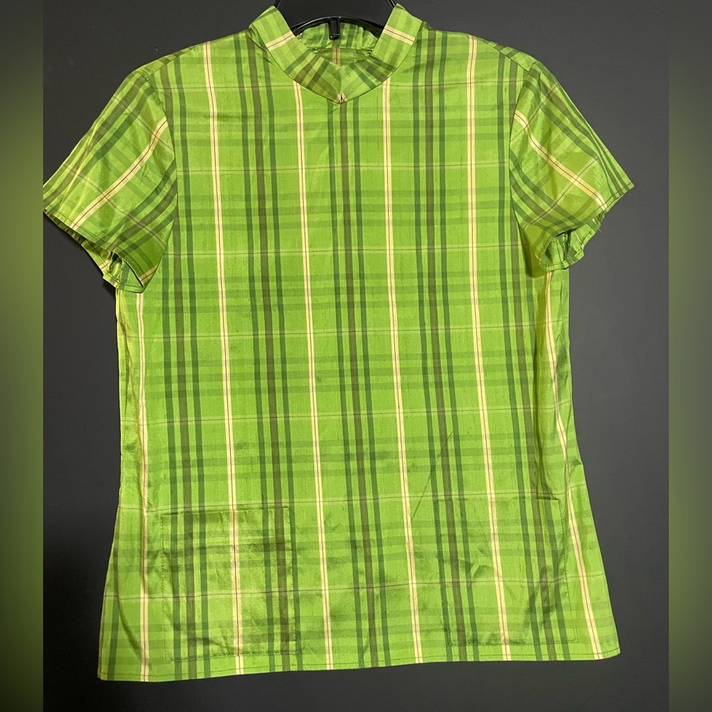 Oscar de la Renta Green Plaid Silk Blouse